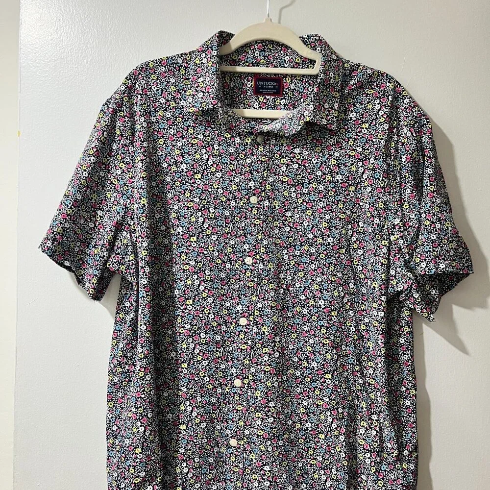 🌿 UNTUCKit Garganega Men's Navy Floral Short Sleeve Button-Up Shirt - XL